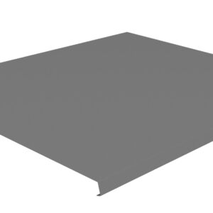 A flat, rectangular gray metal sheet with a small lip on one edge is shown at an angle against a plain white background.