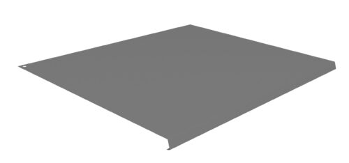 A flat, rectangular gray metal sheet with a small lip on one edge is shown at an angle against a plain white background.