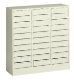 A beige metal cabinet with five rows and six columns of small drawers, each featuring a pull handle. The drawers are uniform in size, suggesting storage for tools or small parts. The cabinet has a simple and functional design.