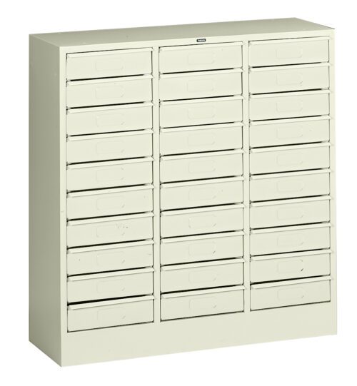 A beige metal cabinet with five rows and six columns of small drawers, each featuring a pull handle. The drawers are uniform in size, suggesting storage for tools or small parts. The cabinet has a simple and functional design.