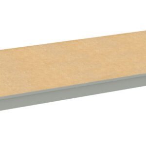 A rectangular wooden shelf with a light beige surface and gray metal edges, displayed against a plain white background.