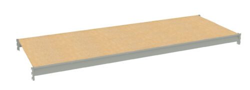 A rectangular wooden shelf with a light beige surface and gray metal edges, displayed against a plain white background.
