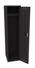 A black metal locker with an open door, showing an empty interior and a horizontal rod near the top for hanging items.