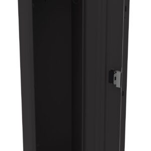 A black metal locker with an open door, showing an empty interior and a horizontal rod near the top for hanging items.