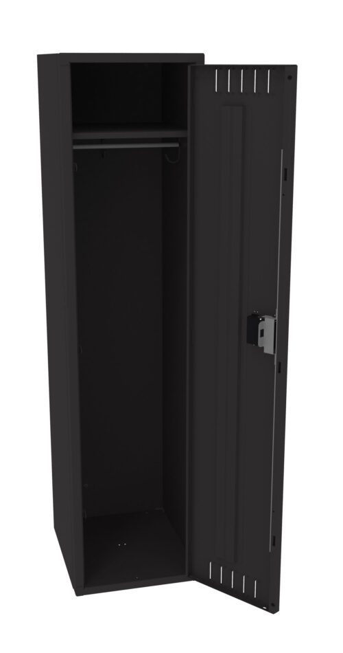A black metal locker with an open door, showing an empty interior and a horizontal rod near the top for hanging items.