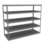 Gray metal shelving unit with five empty shelves, featuring perforated side supports for adjustable shelf heights. The shelves are evenly spaced and the overall structure is sturdy and industrial.