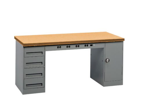 A workbench with a light brown wooden top and gray metal base. It features three drawers on the left, four sockets along the front, and a cabinet with a lock on the right.