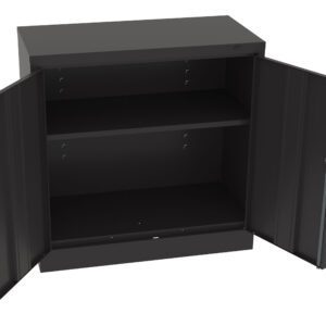 A black metal cabinet with two open doors revealing an empty interior. There is one adjustable shelf in the middle, creating two compartments. The cabinet is simple and utilitarian in design.