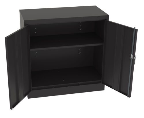 A black metal cabinet with two open doors revealing an empty interior. There is one adjustable shelf in the middle, creating two compartments. The cabinet is simple and utilitarian in design.