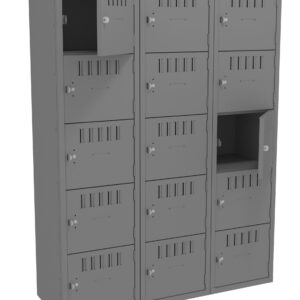 A set of three gray metal locker columns, each with five compartments. Several locker doors are slightly open, showing the interior. Ventilation slots are visible on the doors, and each locker has a locking mechanism.