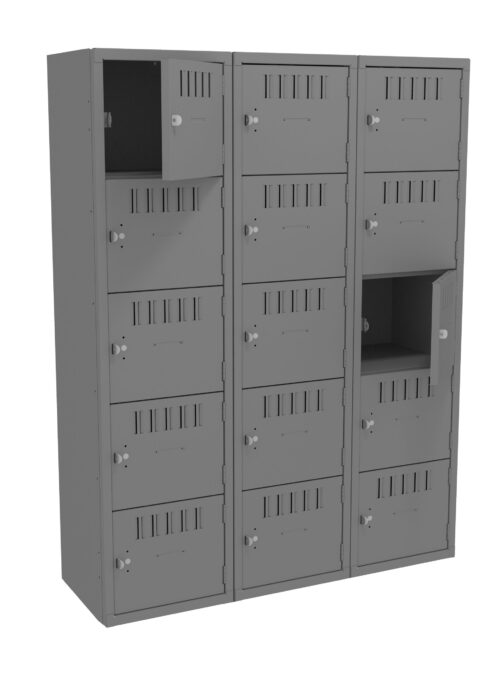 v2yfnccfpyutyggab8xh.jpg A set of three gray metal locker columns, each with five compartments. Several locker doors are slightly open, showing the interior. Ventilation slots are visible on the doors, and each locker has a locking mechanism.