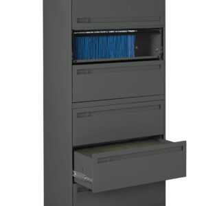 A tall, gray filing cabinet with five drawers. The second drawer from the top is partially open, revealing neatly organized blue folders. The bottom drawer is also open. A key is in the lock at the top of the cabinet.