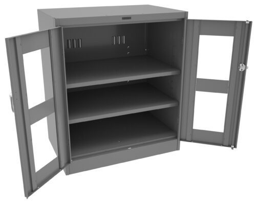 A gray metal cabinet with two open doors revealing three empty shelves inside. The doors have transparent panels and the cabinet is set against a plain white background.