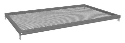 v4dwbqhudvpvpyaszygf.jpg A gray metal mesh tray with a rectangular frame and perforated surface. It has mounting brackets on each corner for installation. The tray is displayed on a white background.
