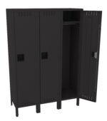 A black, industrial-style, three-door locker with two doors closed and one open, revealing an empty compartment with a hanging rod inside. The locker stands on four small legs.