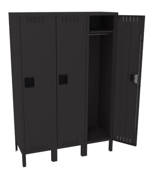 A black, industrial-style, three-door locker with two doors closed and one open, revealing an empty compartment with a hanging rod inside. The locker stands on four small legs.