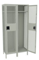 A gray metal locker with two doors is open. The locker has a diamond-shaped perforated design and features a hanging rod inside. One lockers door is closed, and the other is fully open, showing empty interior space.