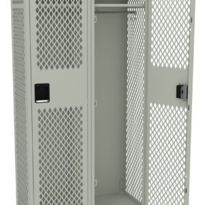 A gray metal locker with two doors is open. The locker has a diamond-shaped perforated design and features a hanging rod inside. One lockers door is closed, and the other is fully open, showing empty interior space.