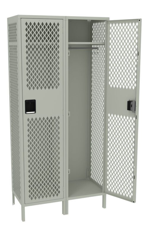 A gray metal locker with two doors is open. The locker has a diamond-shaped perforated design and features a hanging rod inside. One lockers door is closed, and the other is fully open, showing empty interior space.