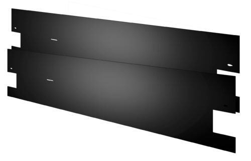A digital rendering of two black, rectangular panels with cut-out notches and small holes on the sides, positioned parallel to each other with a slight offset, on a plain white background.