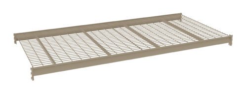 v4ys61uta1kyivkspyk1.jpg A beige metal shelf with a grid pattern, designed for storage or organizing items. It is rectangular and features supporting bars for stability.