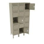 A beige metal locker unit with three vertical columns, each containing five compartments. Several doors are open, showing empty shelves inside. The locker features ventilation slots and number plates on each door.