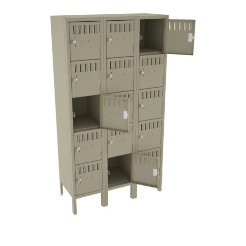 A beige metal locker unit with three vertical columns, each containing five compartments. Several doors are open, showing empty shelves inside. The locker features ventilation slots and number plates on each door.
