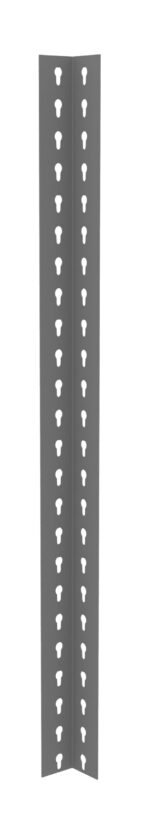 A gray metal angle bracket with a series of evenly spaced keyhole-shaped cutouts along both sides. The bracket is shown standing upright against a white background.