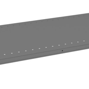 A gray metal shelf with a rectangular shape, featuring evenly spaced small holes along its edges, designed for mounting or attachment. The shelf has a simple, industrial look and is viewed from a slightly elevated angle.
