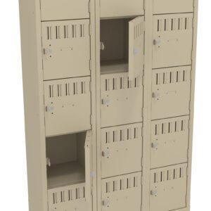 A beige metal locker unit with three columns and five rows, totaling fifteen lockers. Some of the locker doors are open, revealing empty compartments. The locker doors have small vents and are secured with metal latches.