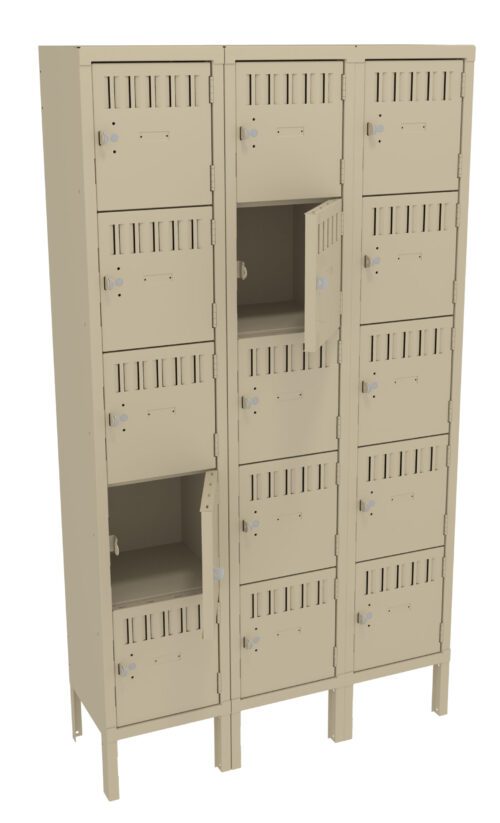 A beige metal locker unit with three columns and five rows, totaling fifteen lockers. Some of the locker doors are open, revealing empty compartments. The locker doors have small vents and are secured with metal latches.