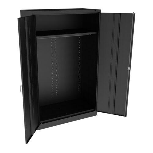 A black metal storage cabinet with two doors open, revealing an empty interior. It features one top shelf and a hanging rod below, with adjustable holes for shelf placement. The doors have handles.