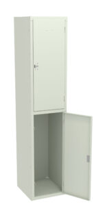 A tall, light-colored metal locker with two compartments, one above the other. The top door is closed, and the bottom door is open, revealing an empty space inside. Both doors have simple handles.