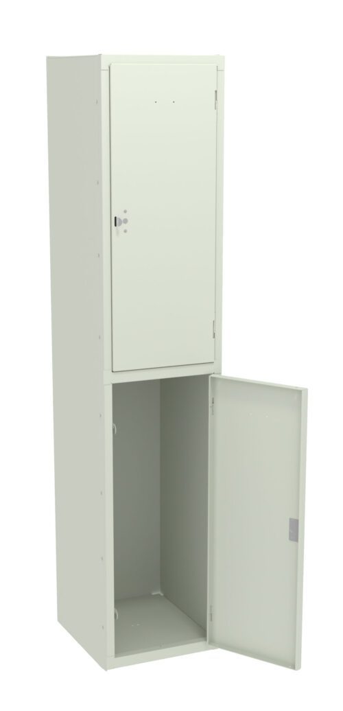 A tall, light-colored metal locker with two compartments, one above the other. The top door is closed, and the bottom door is open, revealing an empty space inside. Both doors have simple handles.