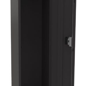 Black metal locker with an open door, revealing an empty interior. It features a hanging rod and a lock mechanism on the door. The design is simple and sturdy, suitable for storage or personal use.