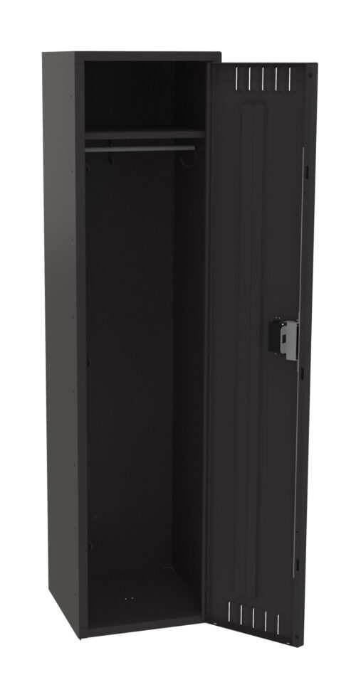 Black metal locker with an open door, revealing an empty interior. It features a hanging rod and a lock mechanism on the door. The design is simple and sturdy, suitable for storage or personal use.