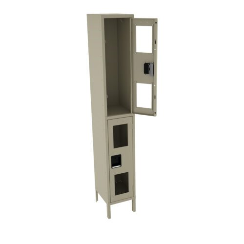 A tall, beige metal locker with an open door revealing two compartments, each with a unique lock mechanism. The locker is standing on four short legs and has a modern, minimalist design.