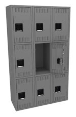 A large, gray metal locker with nine compartments arranged in a 3x3 grid. One compartment door is open, revealing the empty space inside. Each door has a rectangular handle and a small ventilation slot.