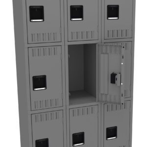 A large, gray metal locker with nine compartments arranged in a 3x3 grid. One compartment door is open, revealing the empty space inside. Each door has a rectangular handle and a small ventilation slot.