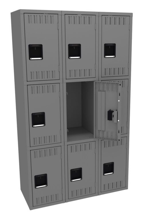 A large, gray metal locker with nine compartments arranged in a 3x3 grid. One compartment door is open, revealing the empty space inside. Each door has a rectangular handle and a small ventilation slot.