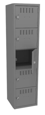 A tall, gray metal locker with four compartments, each with a vented door and lock mechanism. The third compartments door is open, revealing an empty interior. The locker stands upright against a plain background.