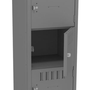 A tall, gray metal locker with four compartments, each with a vented door and lock mechanism. The third compartments door is open, revealing an empty interior. The locker stands upright against a plain background.