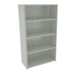 A tall, light gray metal shelving unit with five evenly spaced shelves. The shelves are open with perforated side panels, suitable for storage or display. The unit is positioned on a white background.