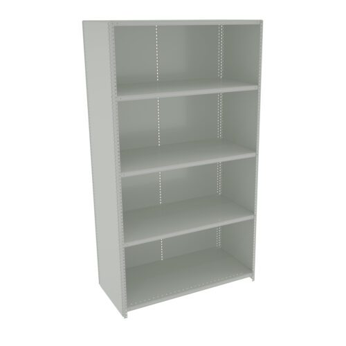 A tall, light gray metal shelving unit with five evenly spaced shelves. The shelves are open with perforated side panels, suitable for storage or display. The unit is positioned on a white background.