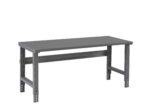 A gray industrial workbench with a metal frame and flat surface. It features adjustable legs and a sturdy design, suitable for heavy-duty tasks. The background is plain white.
