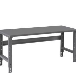A gray industrial workbench with a metal frame and flat surface. It features adjustable legs and a sturdy design, suitable for heavy-duty tasks. The background is plain white.
