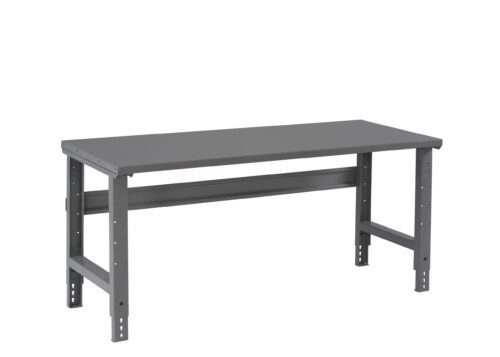 A gray industrial workbench with a metal frame and flat surface. It features adjustable legs and a sturdy design, suitable for heavy-duty tasks. The background is plain white.
