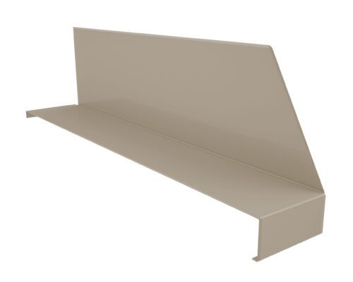 A beige metal flashing with a right-angled bend and a sloped, flat top surface, designed for installation in roofing or siding applications. The piece has a clean and smooth finish with precise edges.