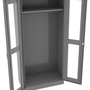 Open gray metal storage cabinet with two transparent doors and a single horizontal hanging rod. The cabinet interior has adjustable slots for shelving but no shelves are installed. The doors have handles and simple locking mechanisms.
