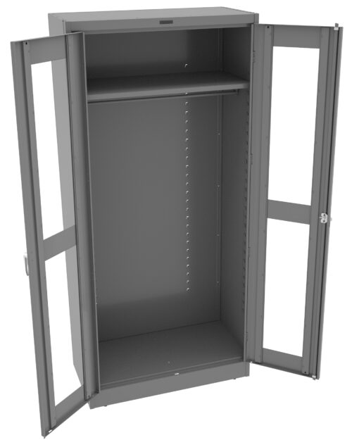 vagz8fjyfqyybk3eliyd.jpg Open gray metal storage cabinet with two transparent doors and a single horizontal hanging rod. The cabinet interior has adjustable slots for shelving but no shelves are installed. The doors have handles and simple locking mechanisms.